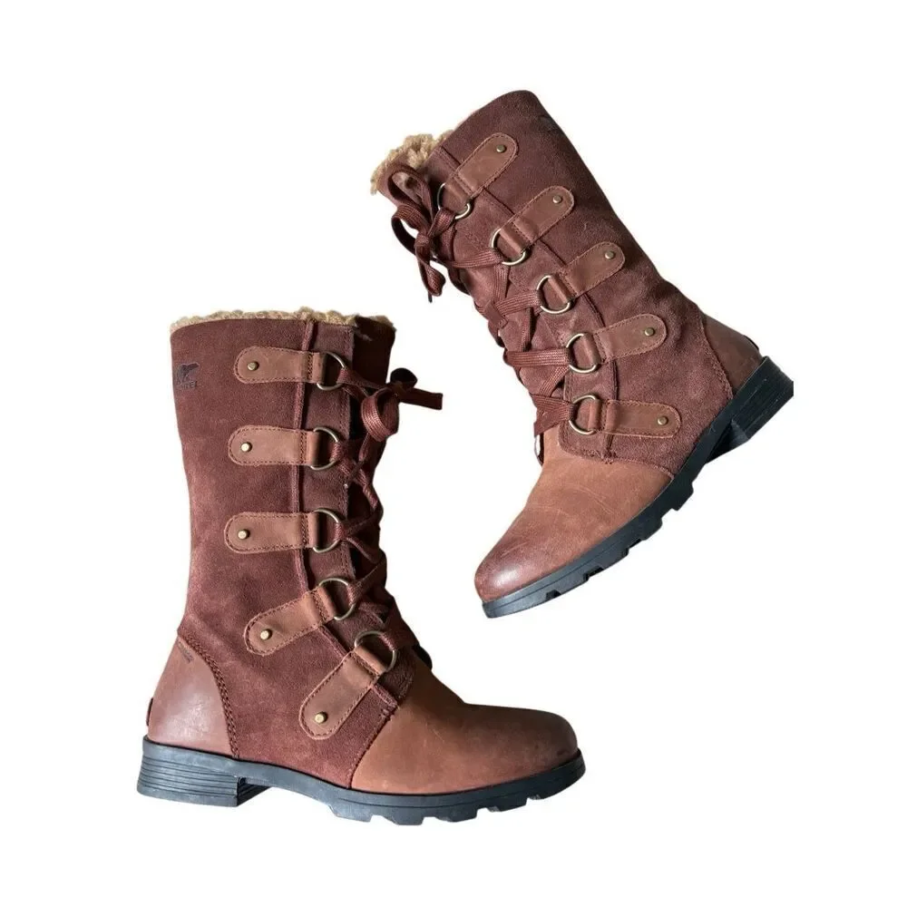 Sorel Emelie‎ Lace Up Tall Leather Boots size 8 Tobacco Brown